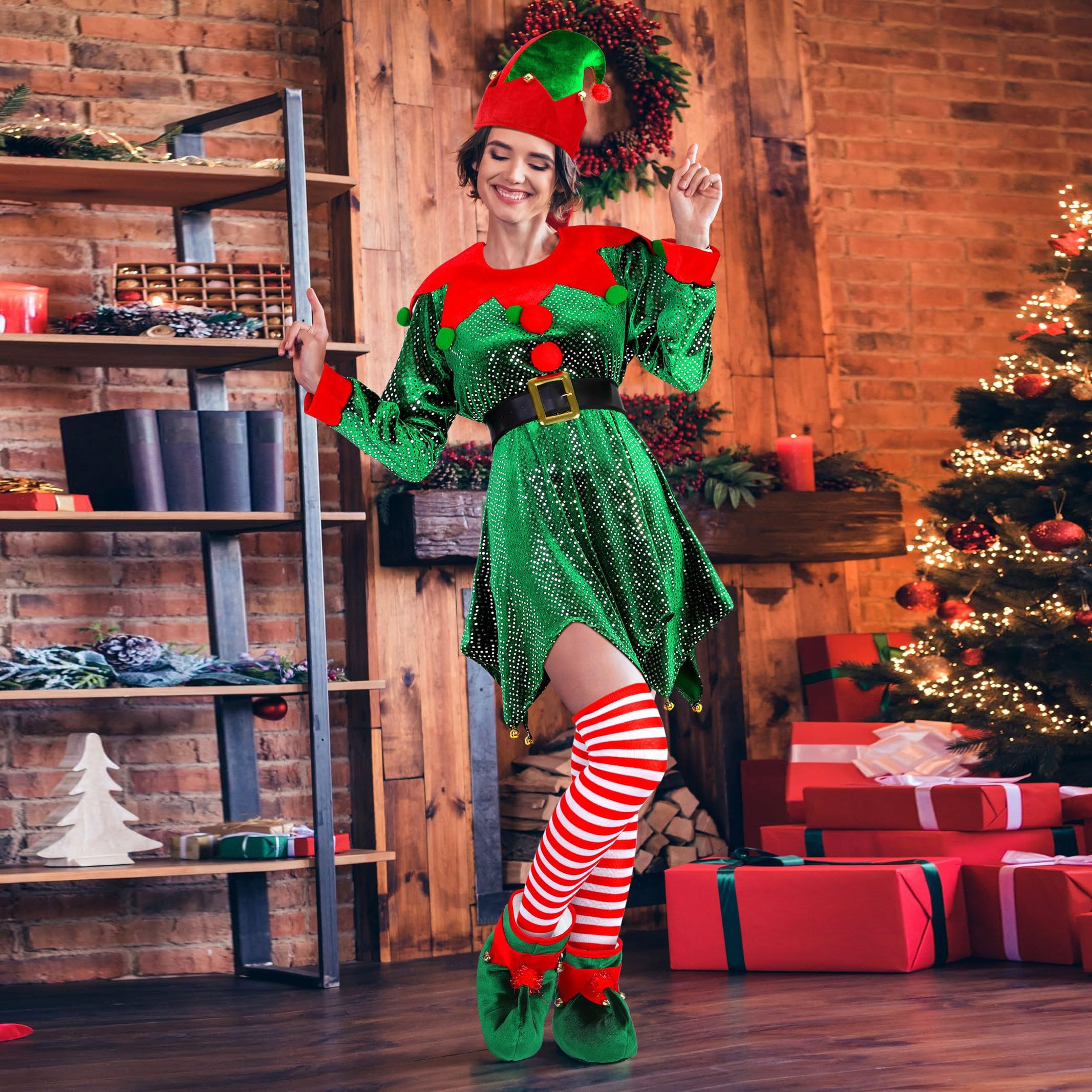 Women Christmas Elf Costume Dress 5pcs Set