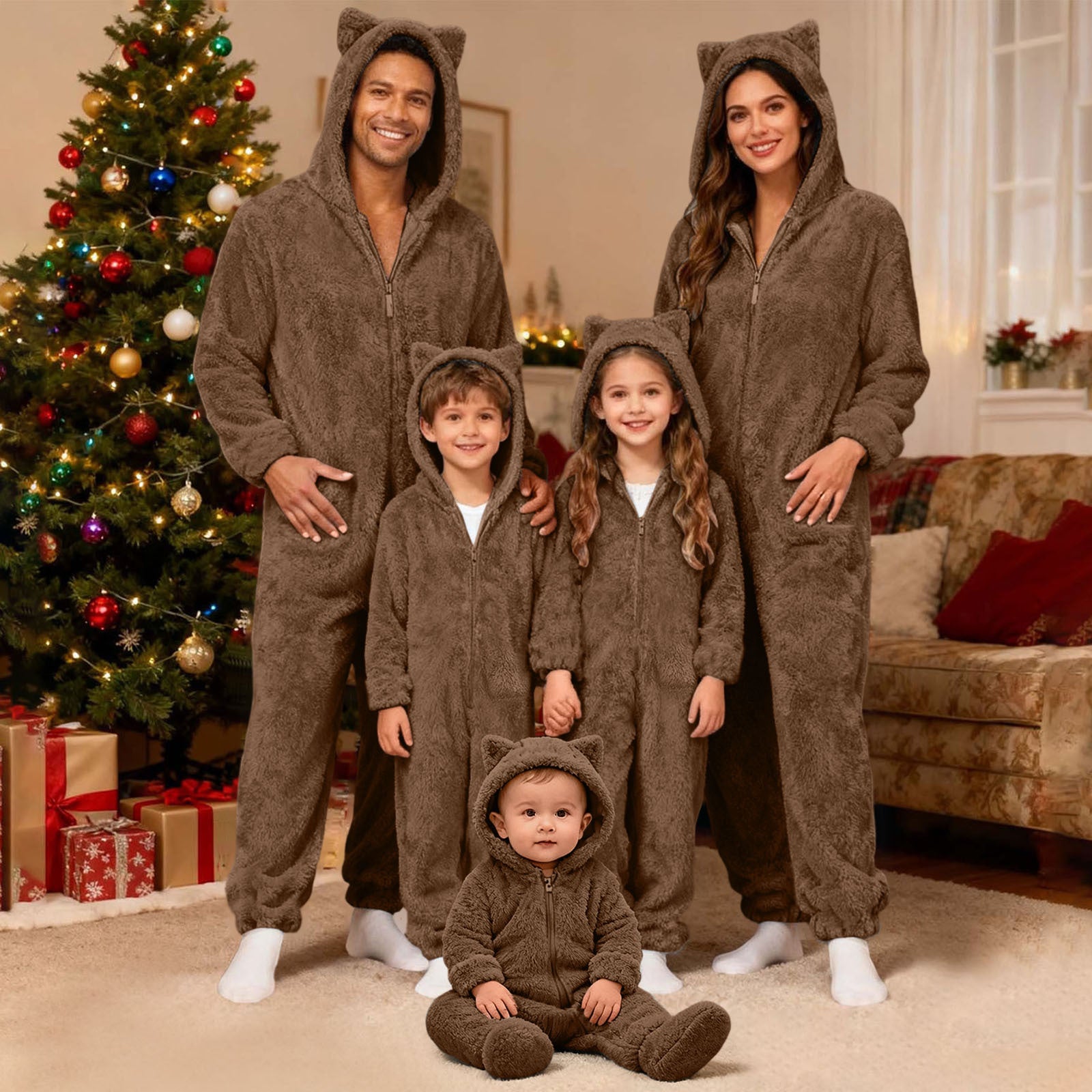 Family Matching Christmas Onesie Adults Pajamas Xmas Ears Hoodies Rompers Flannel Jumpsuit - Ciclove