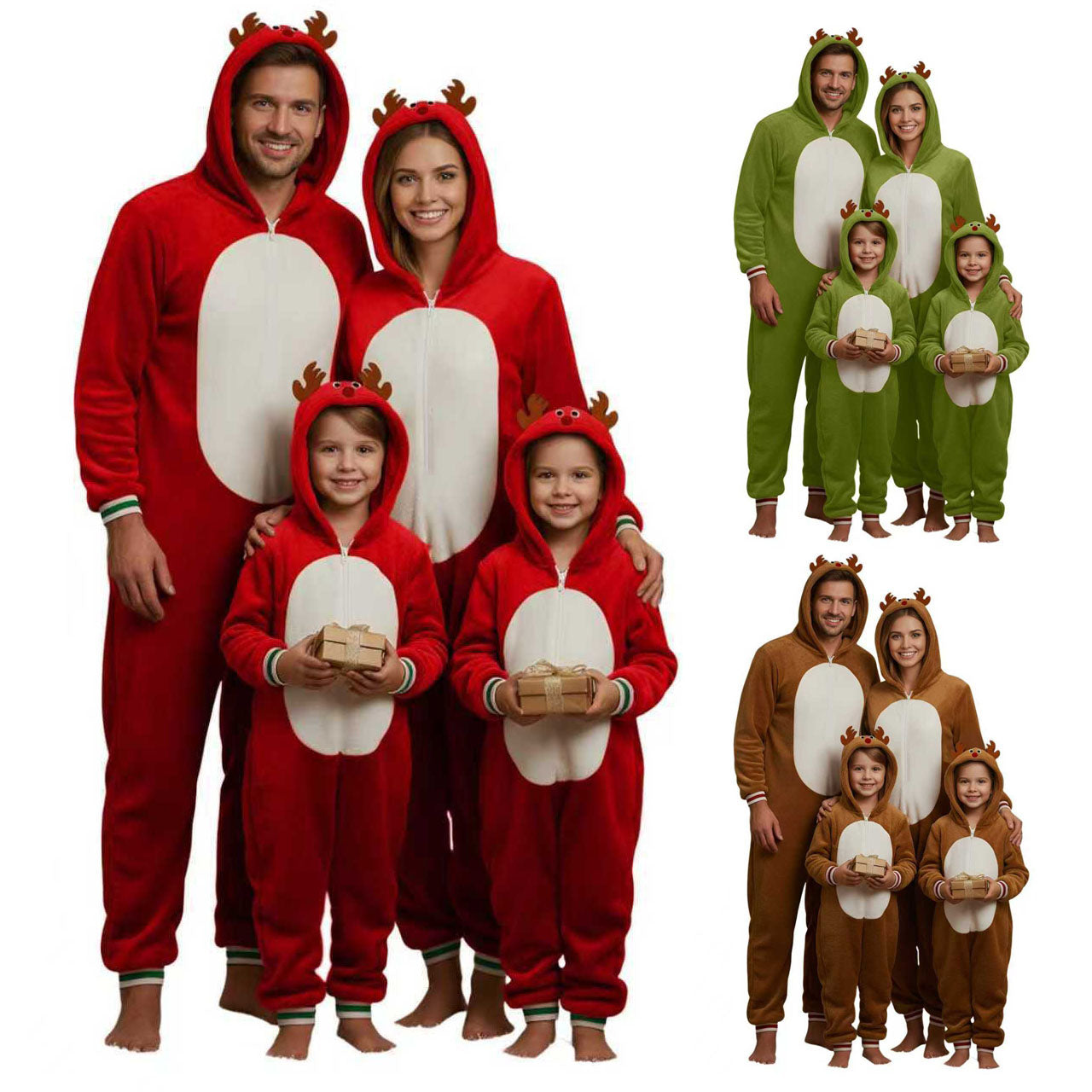 Family Matching Christmas Adults Pajamas Xmas Elk Antlers Hoodies Flannel Jumpsuit - Ciclove