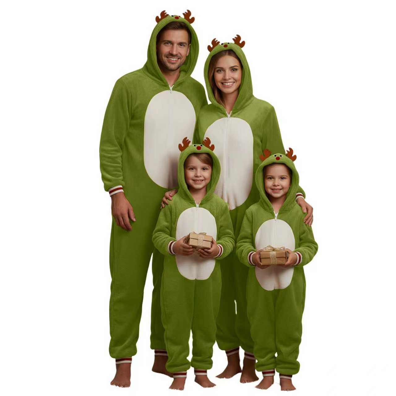 Family Matching Christmas Adults Pajamas Xmas Elk Antlers Hoodies Flannel Jumpsuit - Ciclove