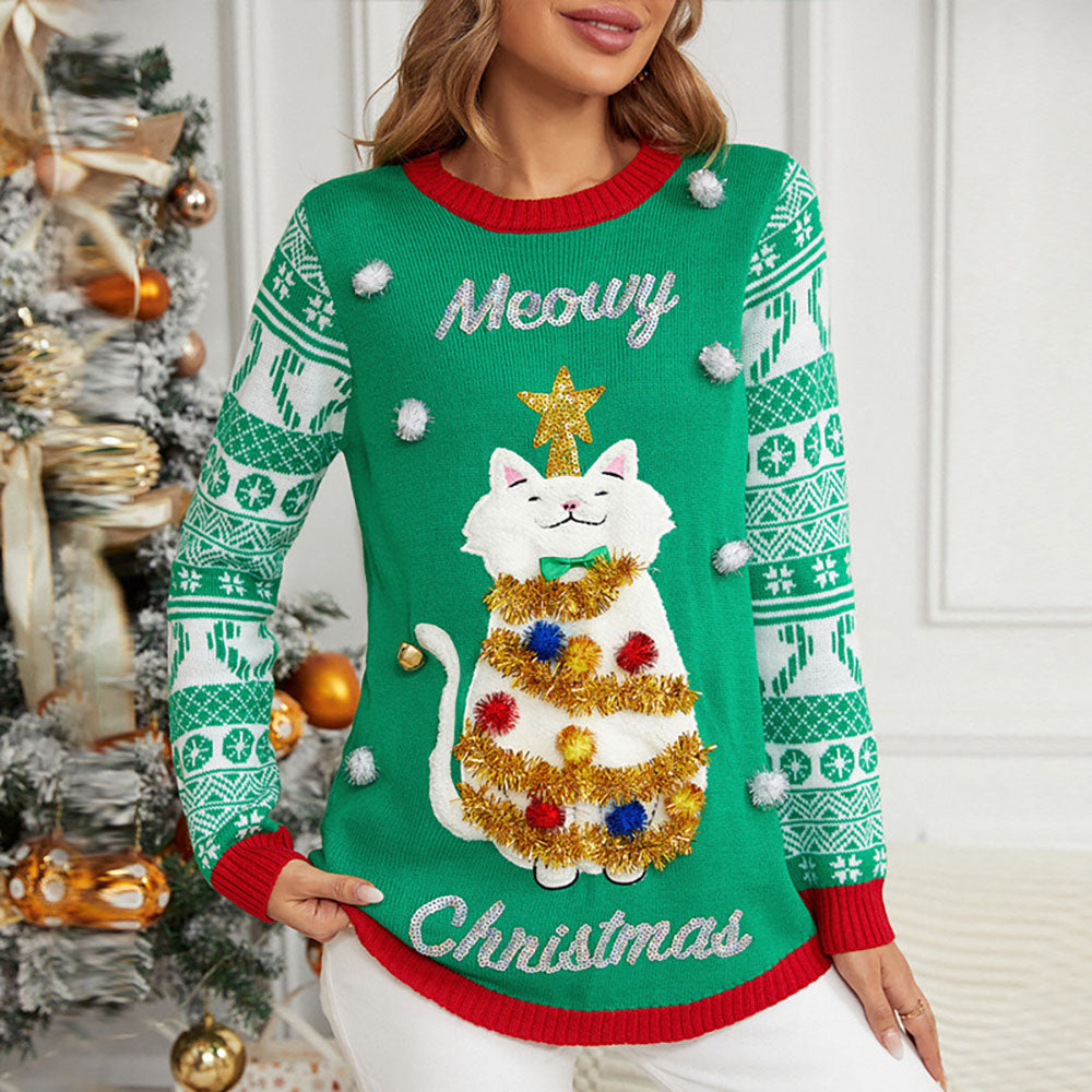 ugly women christmas Santa Claus Sweater Funny Kitten Embroidery - Ciclove