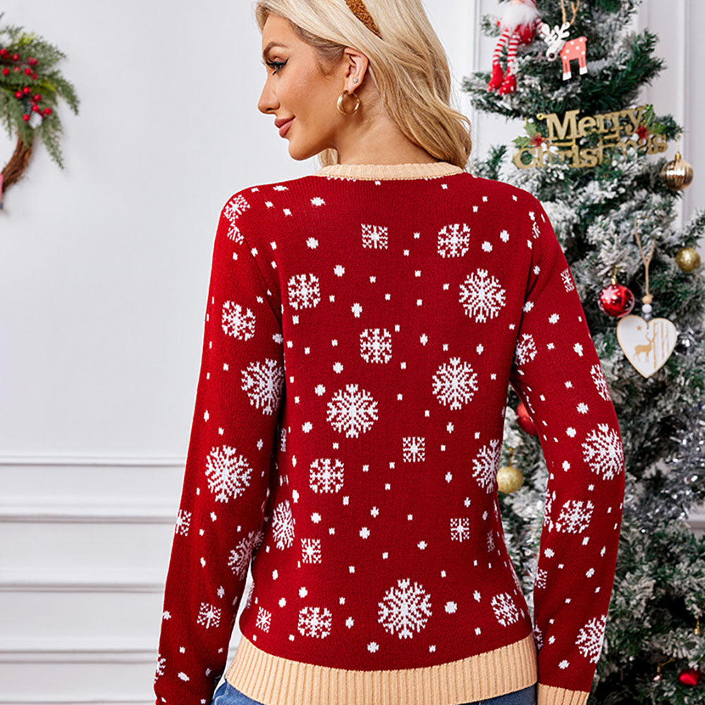 ugly women christmas Claus snowflake jacquard round neck sweater With LED lights - Ciclove