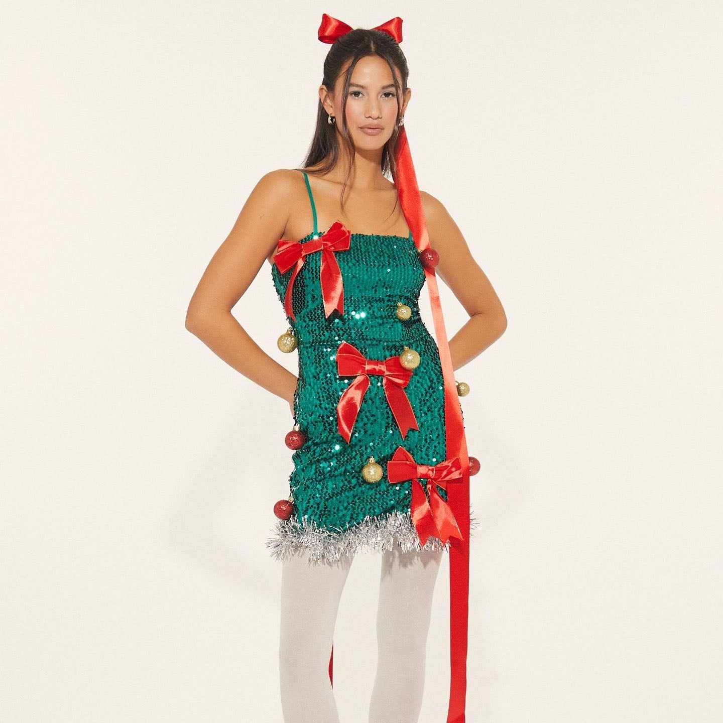 Green 1960s Bow & Christmas Costumes Bell Sequin Dress - Ciclove