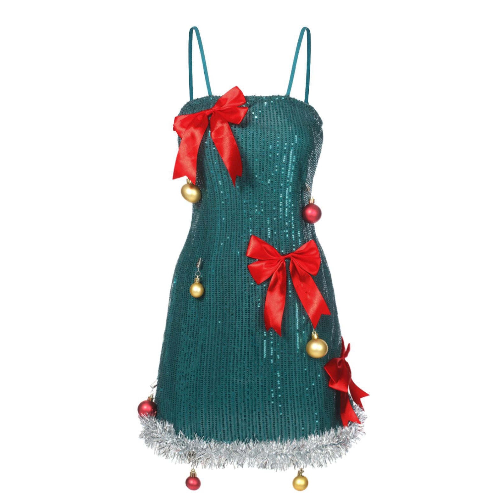 Green 1960s Bow & Christmas Costumes Bell Sequin Dress - Ciclove