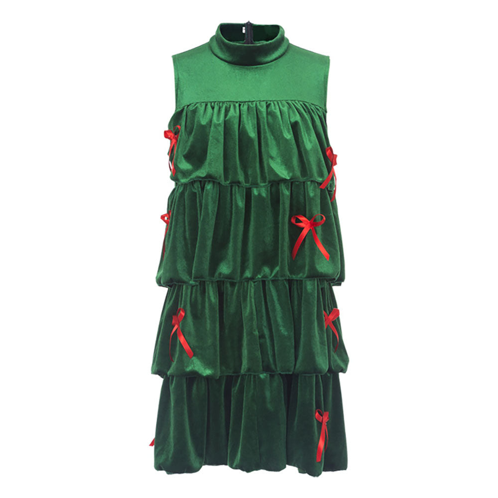 Christmas Green 1960s Velvet Bowknot Stand Collar Tiered Costumes Dress - Ciclove