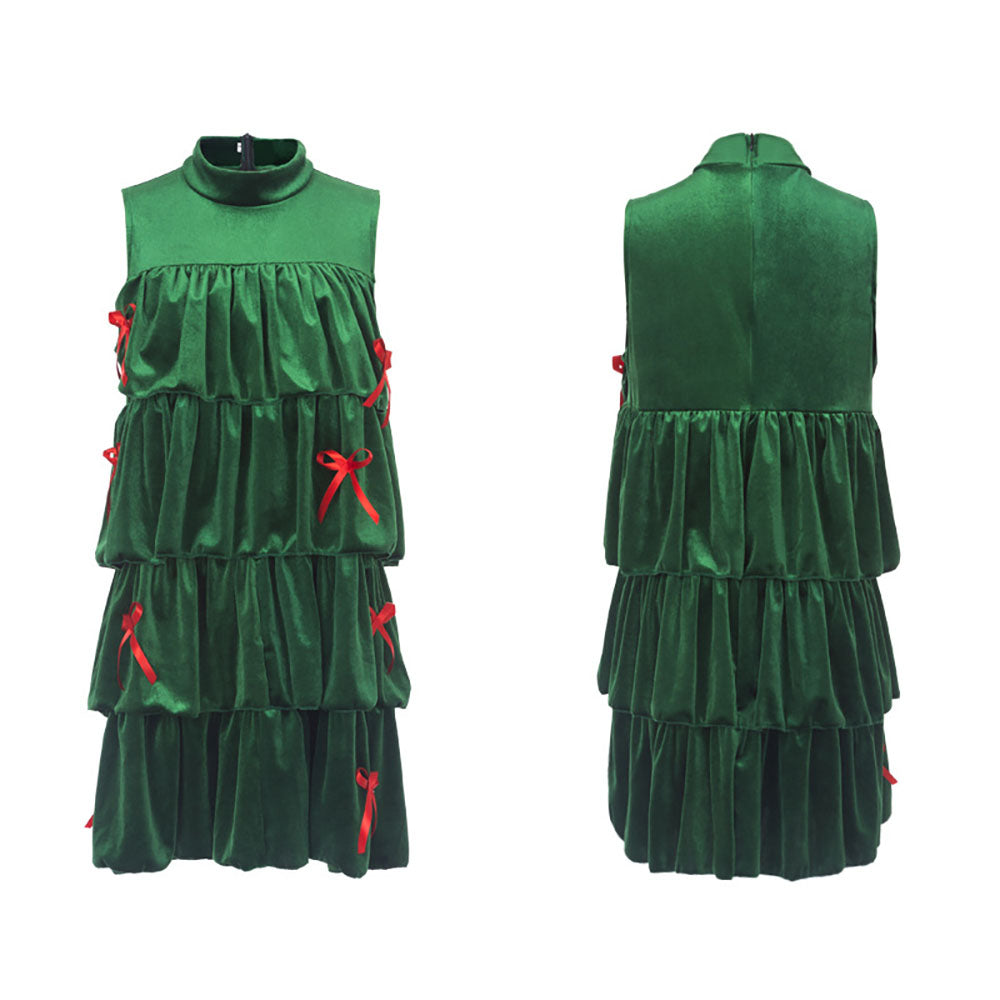 Christmas Green 1960s Velvet Bowknot Stand Collar Tiered Costumes Dress - Ciclove