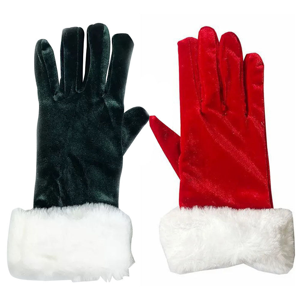 Christmas Red Green Velvet With White Fur Cuffs Gloves - Ciclove