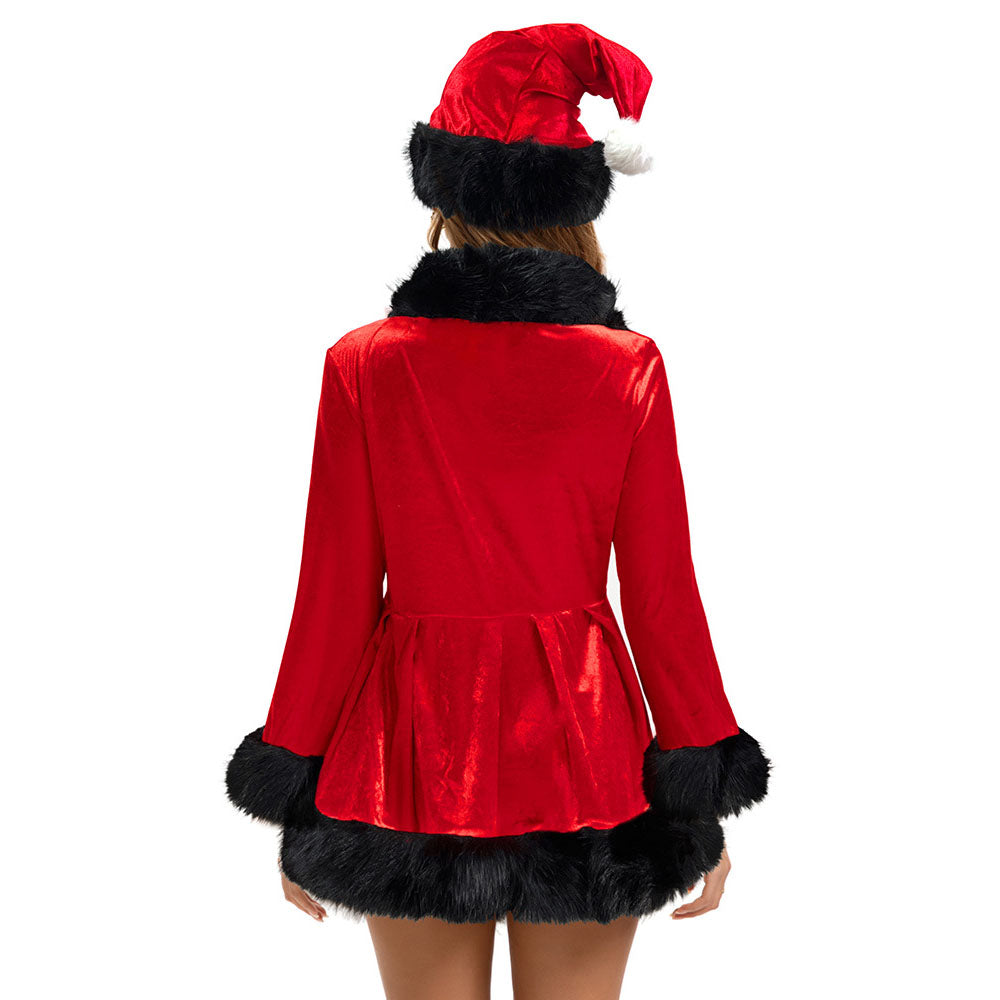 Red 1970s Christmas Fur-Trim Lace Up Velvet Costumes Dress - Ciclove