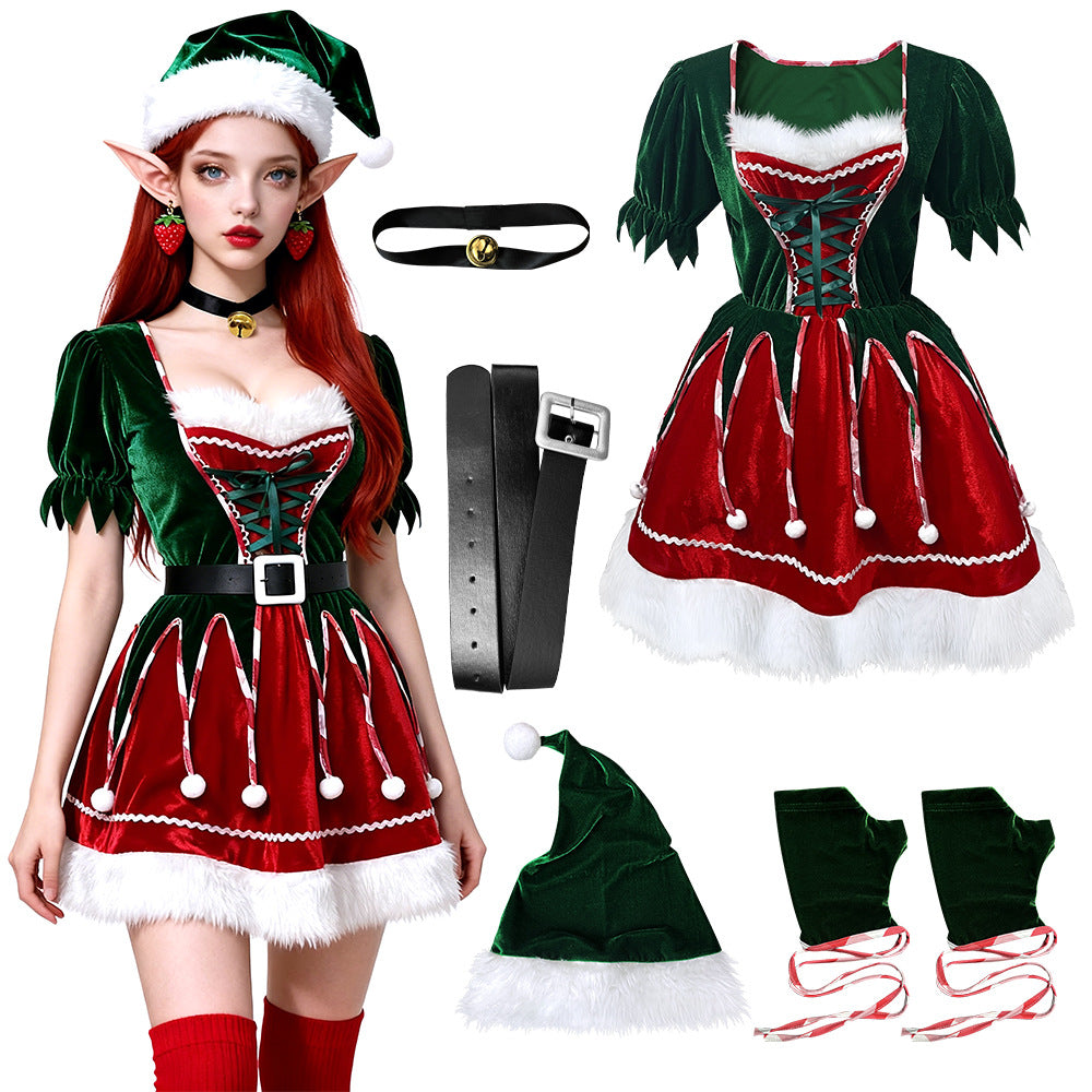 Christmas Costumes Green Tree V-Neck Top & Red Fur Trimmed Skirt - Ciclove