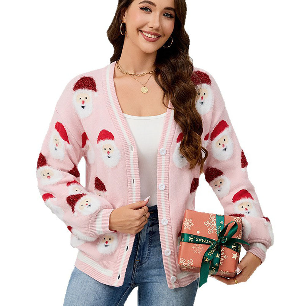 Ugly Christmas Sweaters Pink 1940s Santa Claus Jacquard Cardigan - Ciclove