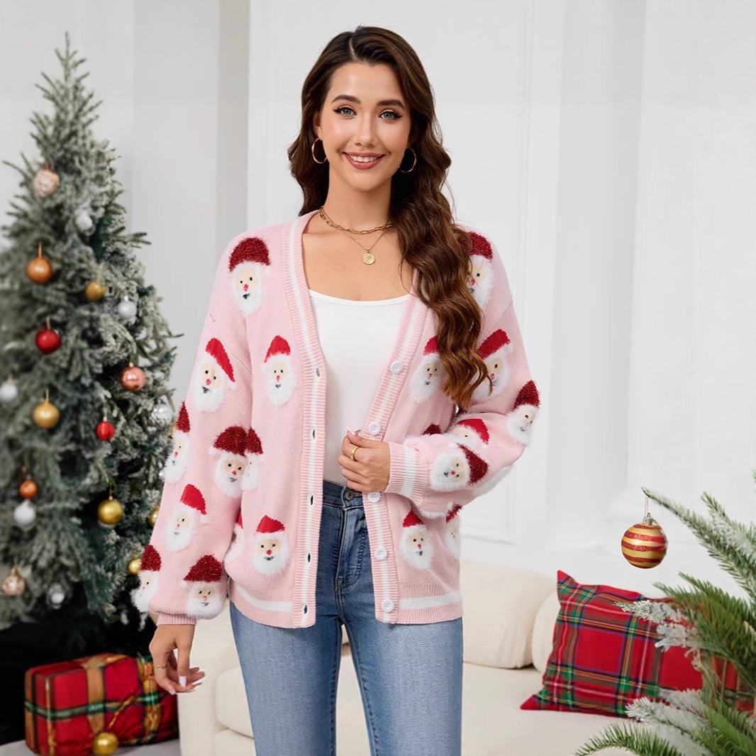 Ugly Christmas Sweaters Pink 1940s Santa Claus Jacquard Cardigan - Ciclove