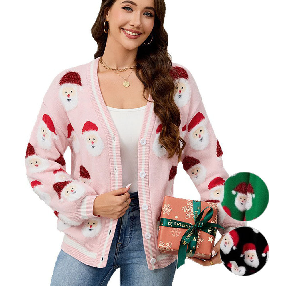 Ugly Christmas Sweaters Pink 1940s Santa Claus Jacquard Cardigan - Ciclove