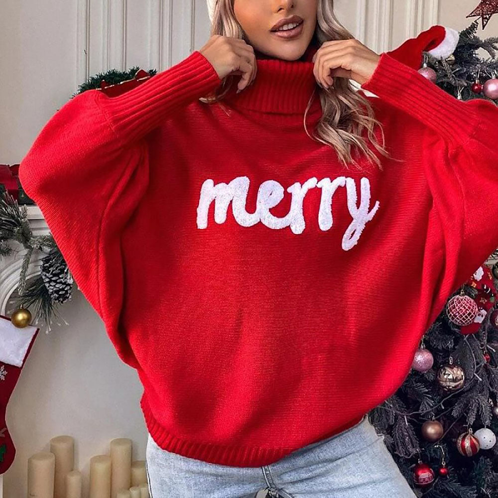Red Ugly Christmas Sweaters Merry Print Turtleneck Sweater - Ciclove