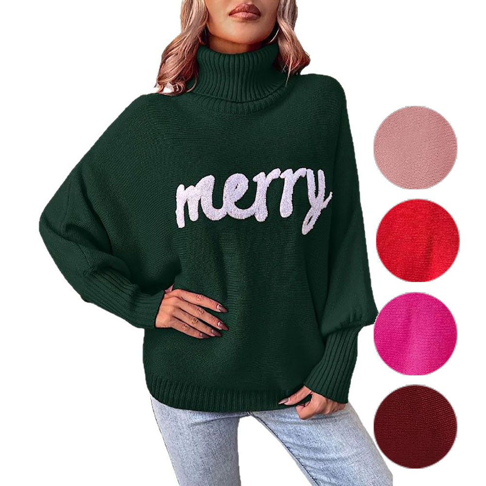 Red Ugly Christmas Sweaters Merry Print Turtleneck Sweater - Ciclove
