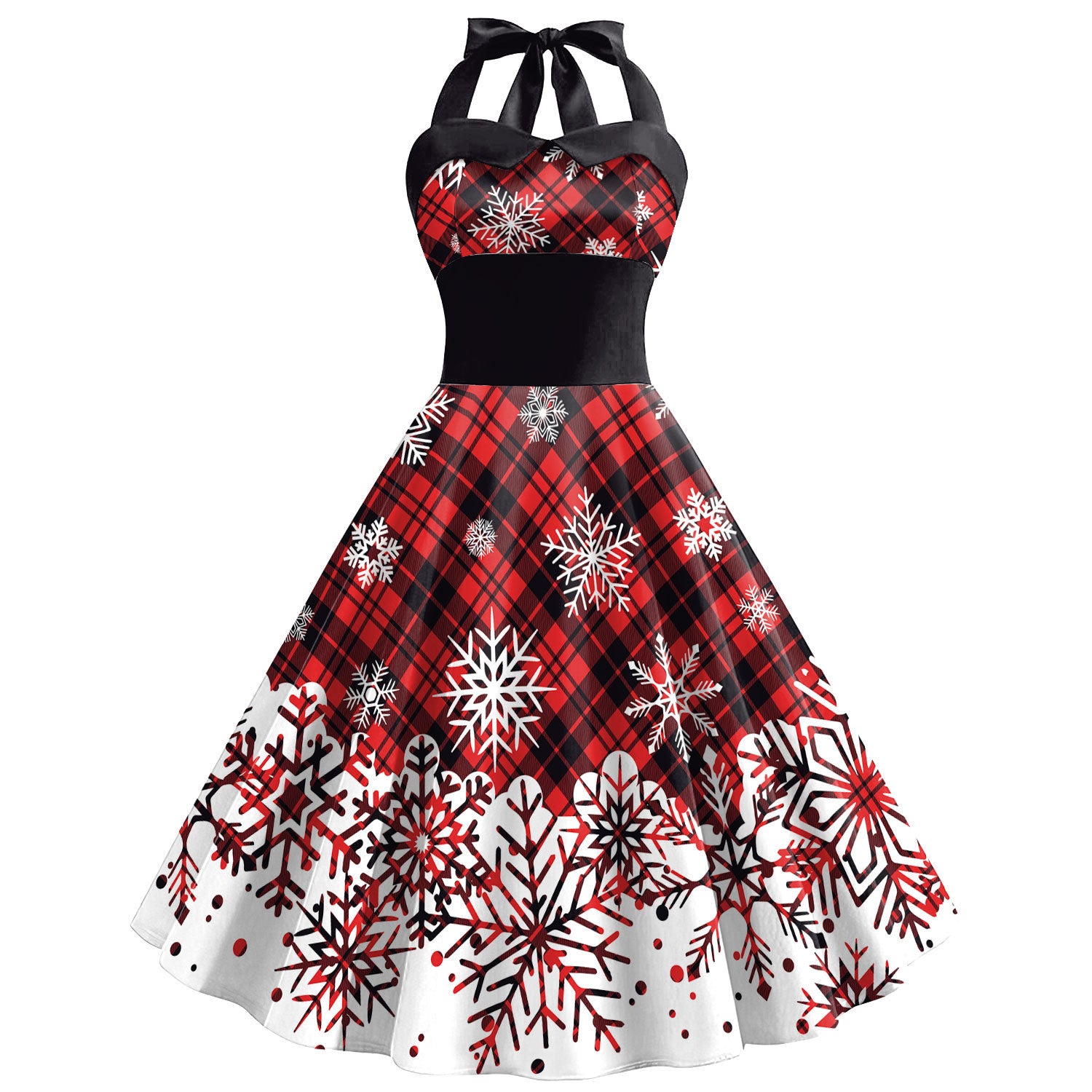 Christmas Black 1950s Snowflake Print Halter Swing Dress - Ciclove