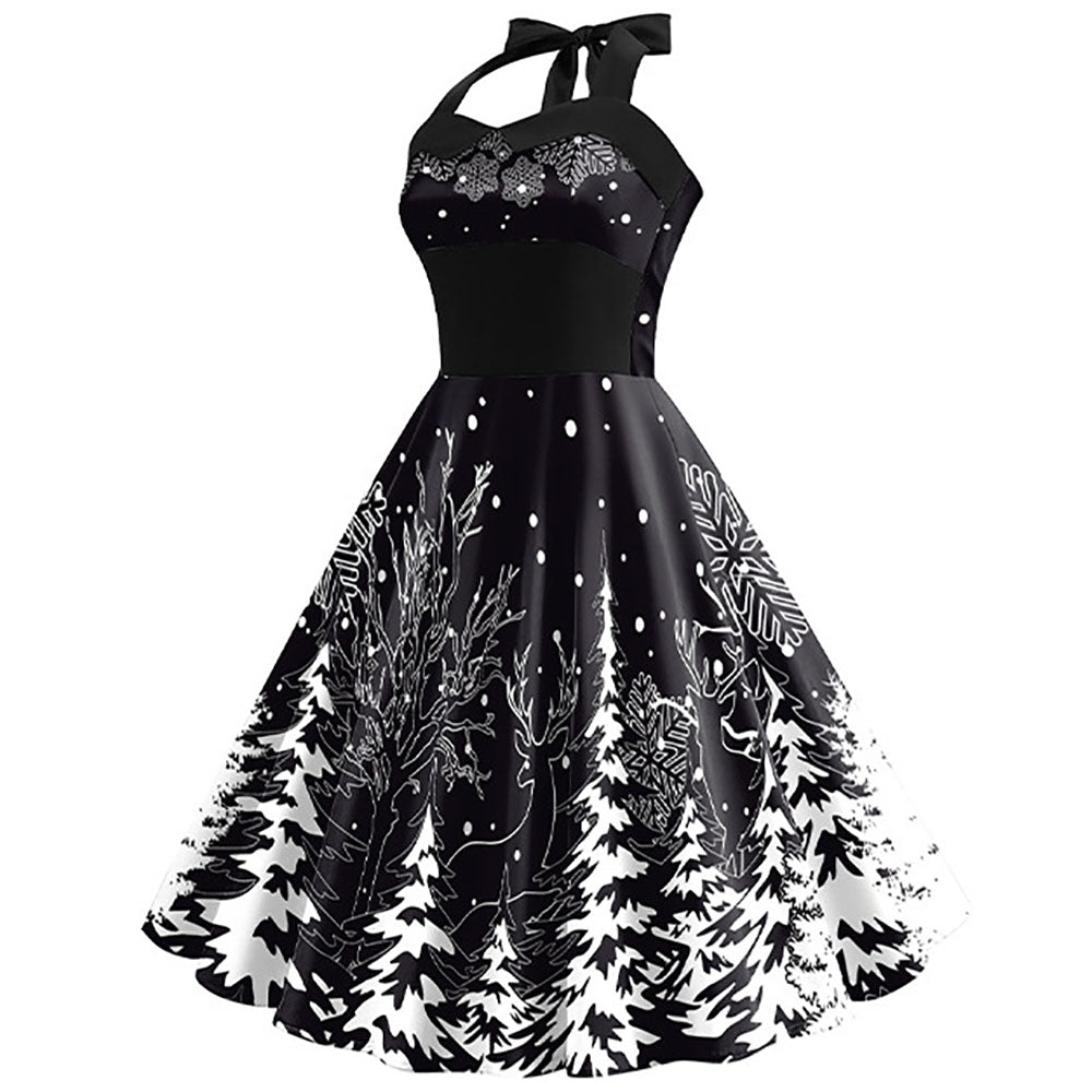Christmas Black 1950s Snowflake Print Halter Swing Dress - Ciclove