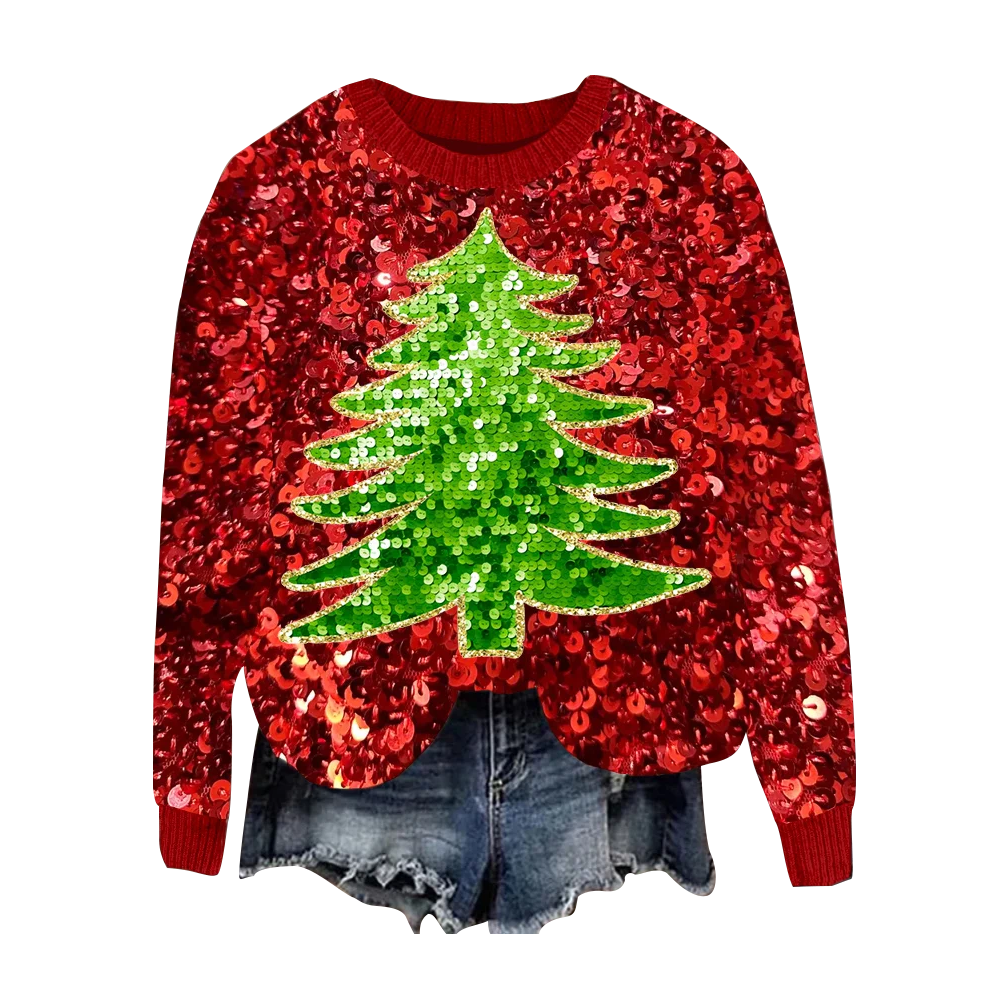 Women's Glitter Christmas Tree Sequin Embroidered Cozy Sweater - Ciclove