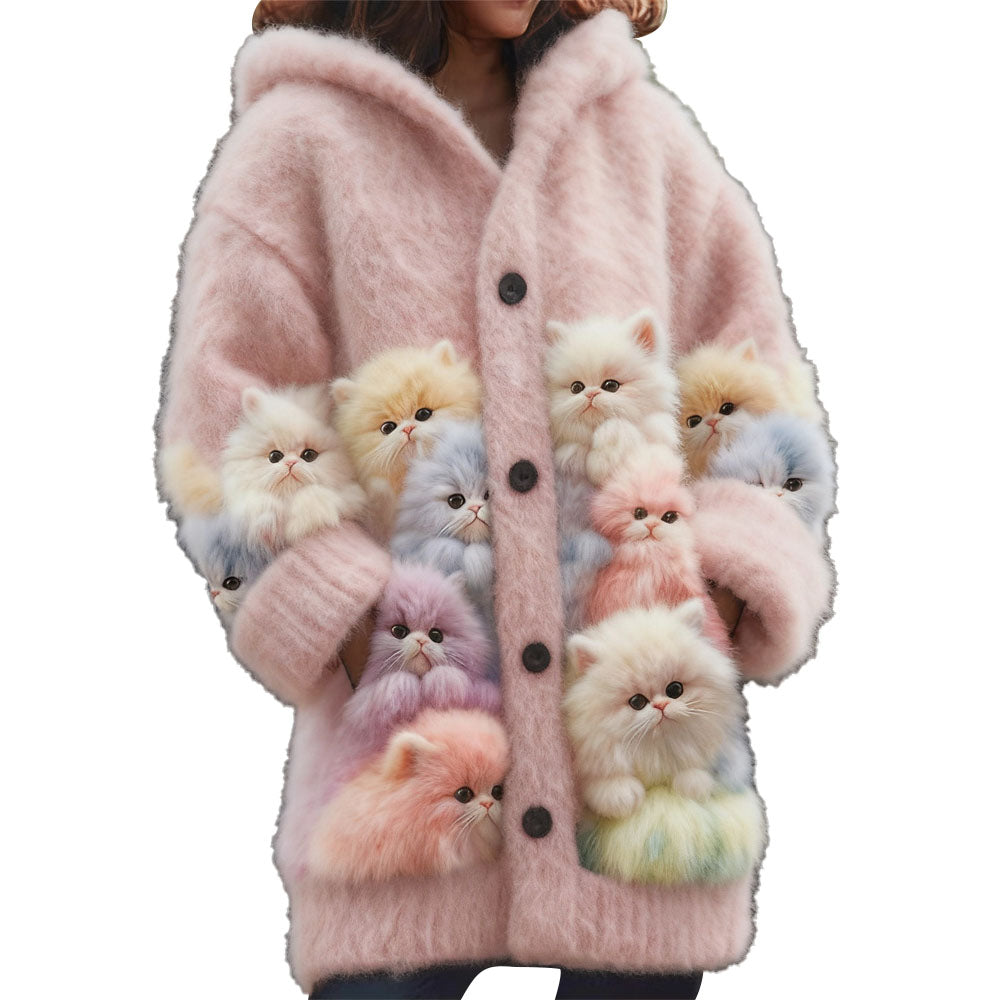 Women's Christmas Probe Cat Fleece Hooded Cardigan Long Sweater - Ciclove