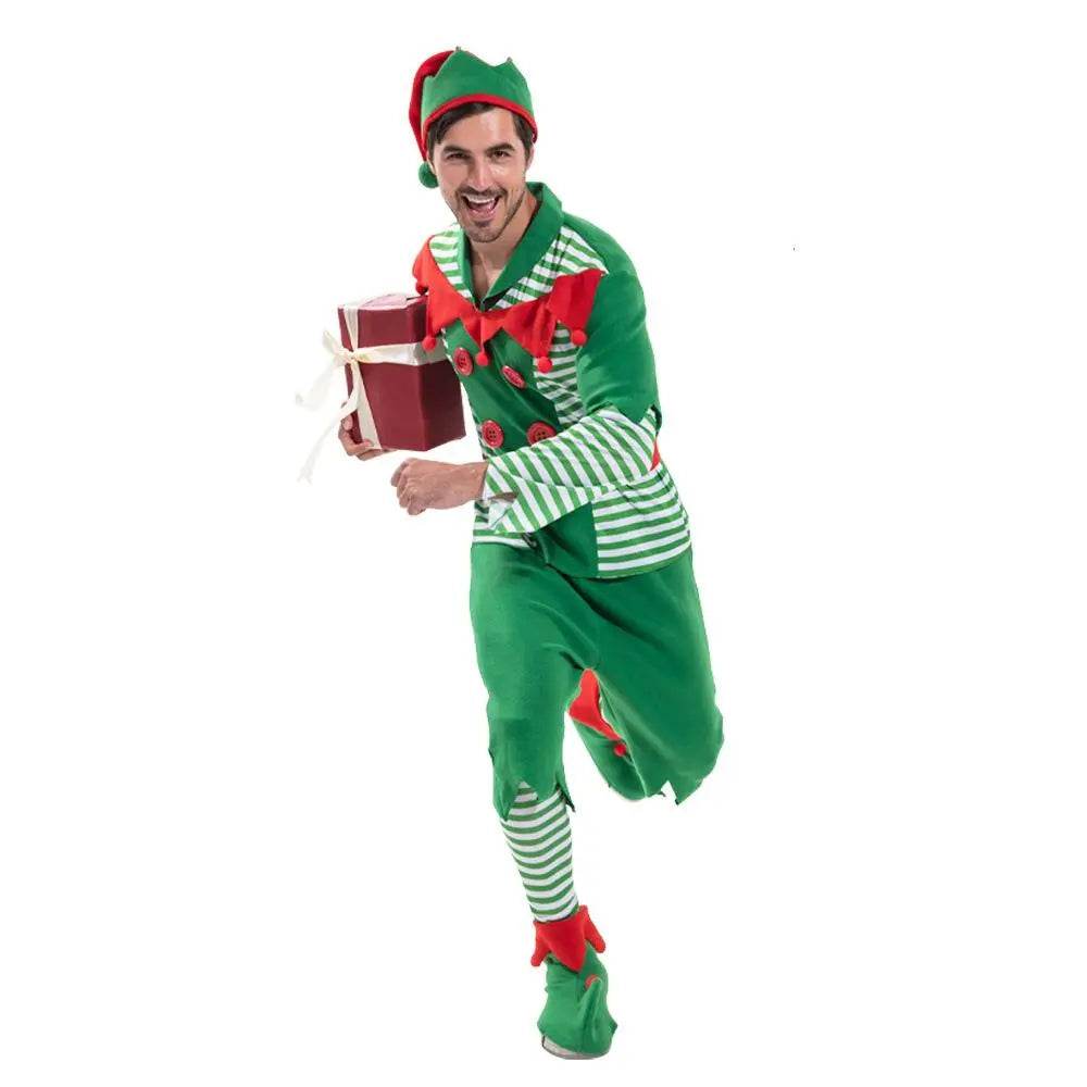 Christmas Elf Adult Men Costume with Elf Hat Stripes Design for Christmas Parties - ciclove