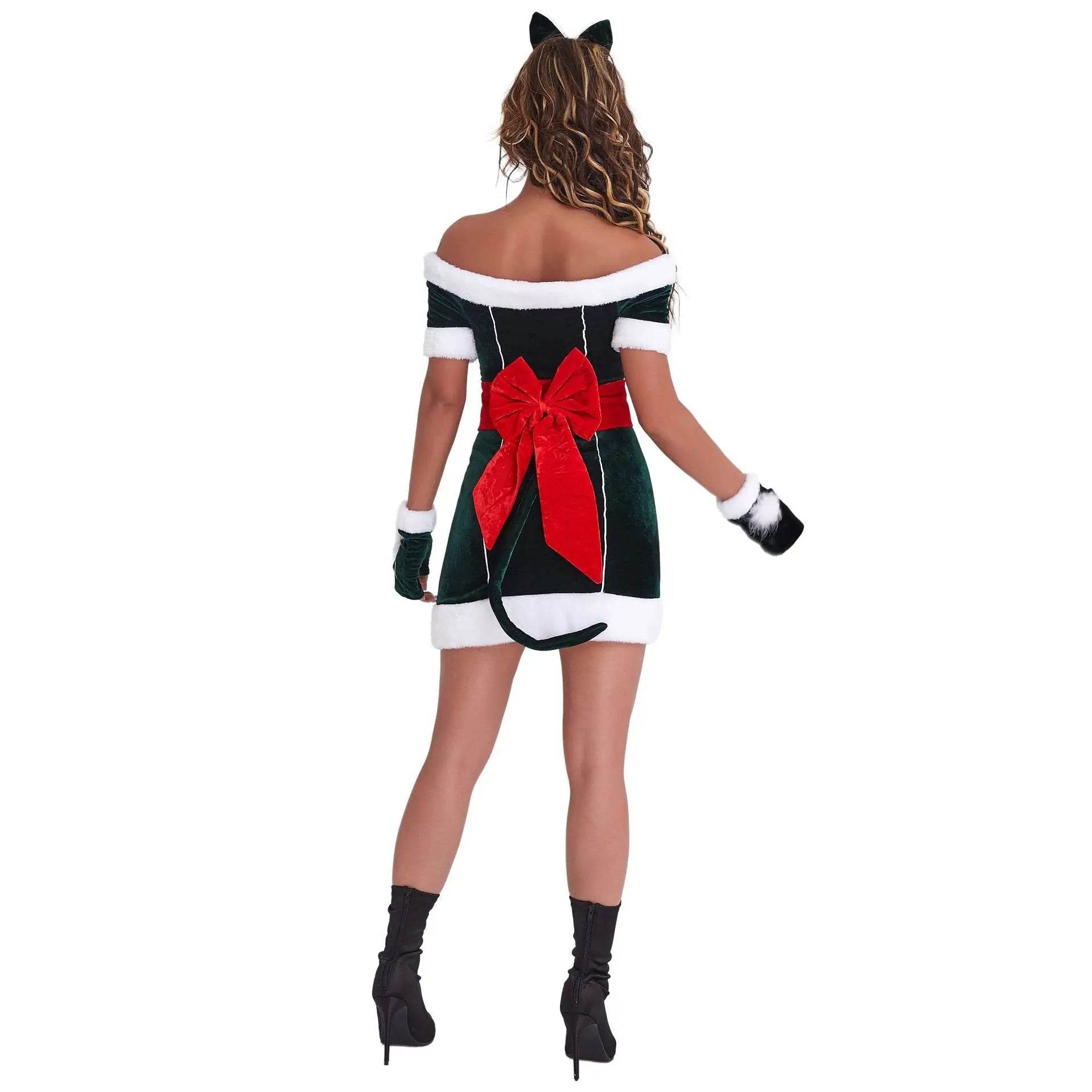 Christmas Off Shoulder Cute Cat Costumes Party Dress - ciclove