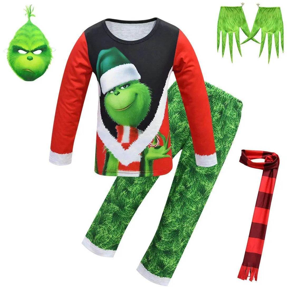Green Monster Grinch Kids Boys Costume Mask Golves Set Christmas Gift - ciclove