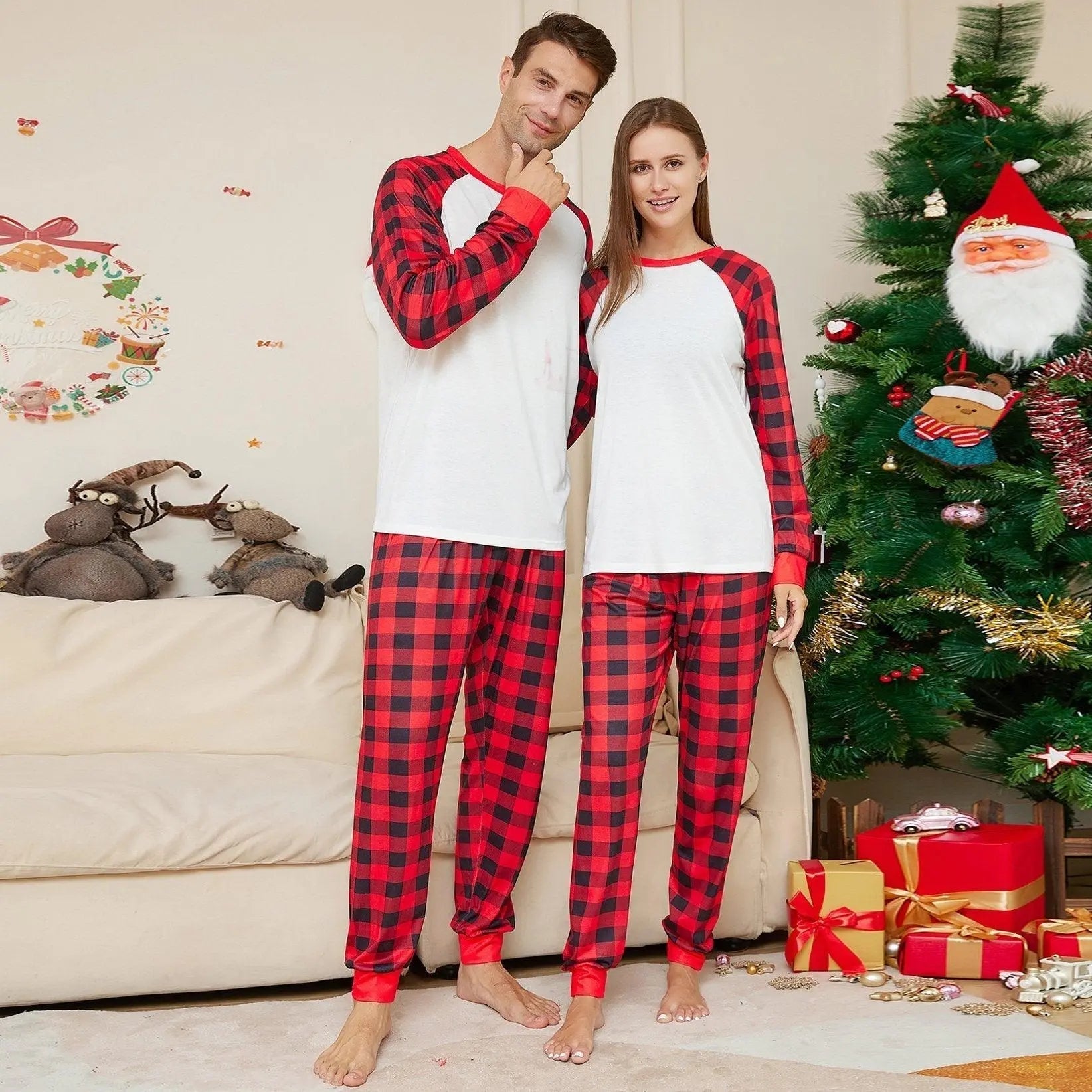 Solid Color Plaid Print Christmas Family Couples Matching Pajamas Party Sets - Pajamasbuy