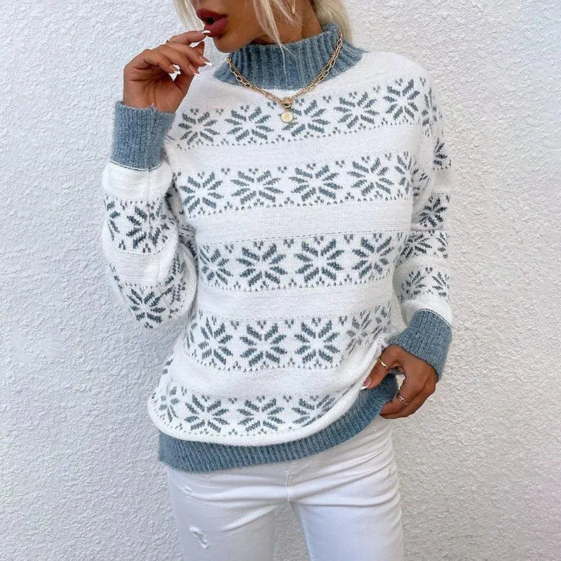 Women Ugly Christmas Sweaters Snowflakes Long Sleeve Half Turtleneck Knit Pullover Tops|?PAJAMASBUY