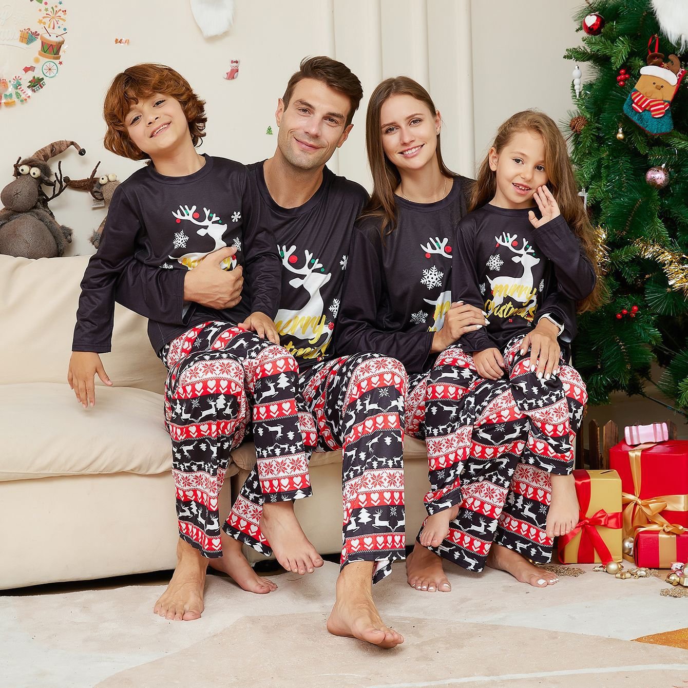 BuyChristmas Elk Letter Round Neck Print Family Couples Matching Pajamas Party Sets Now Cheaper With 3 - 5 Days Ship - PajamasBuy