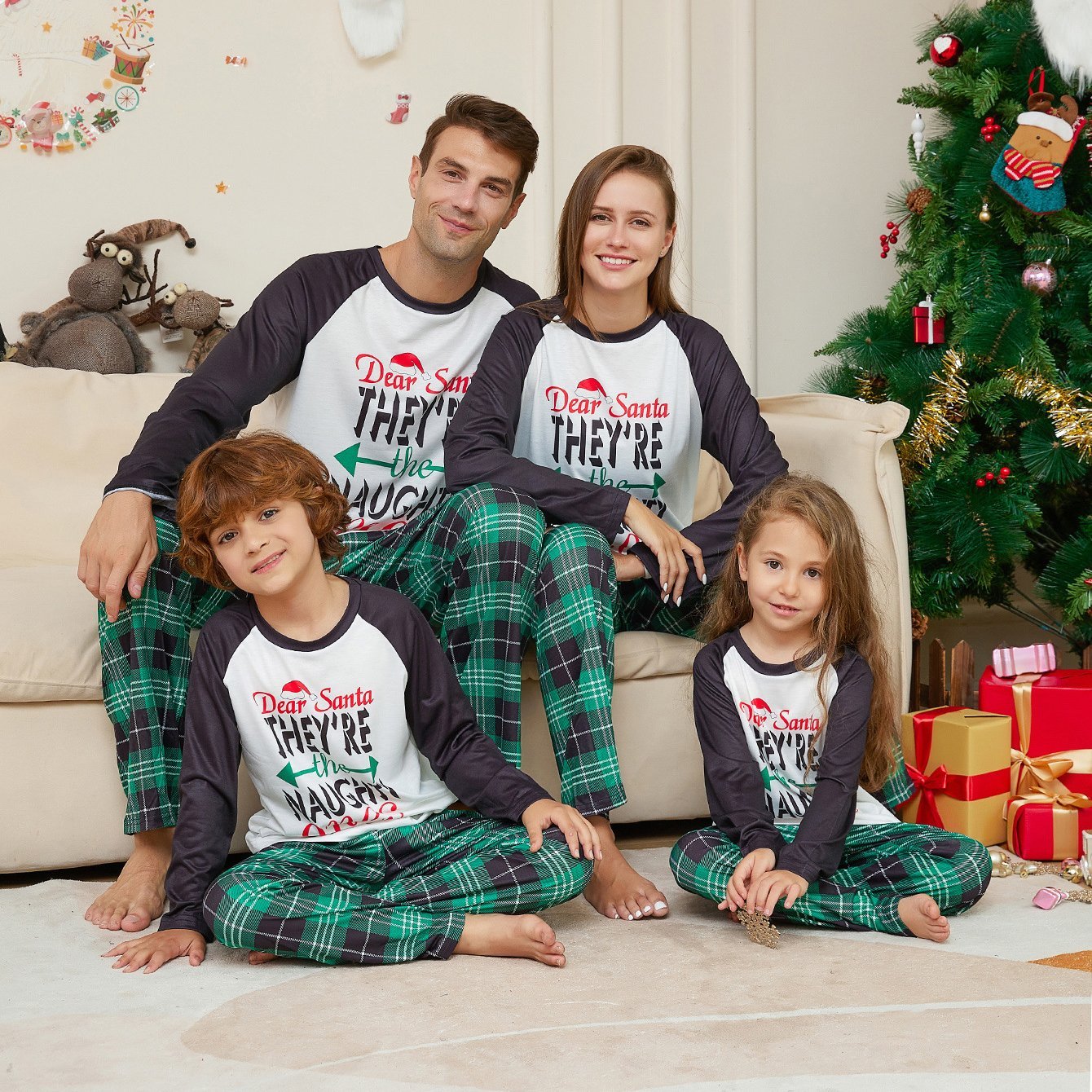 BuyChristmas Letters Green Plaid Print Family Couples Matching Pajamas Party Sets Now Cheaper With 3 - 5 Days Ship - PajamasBuy