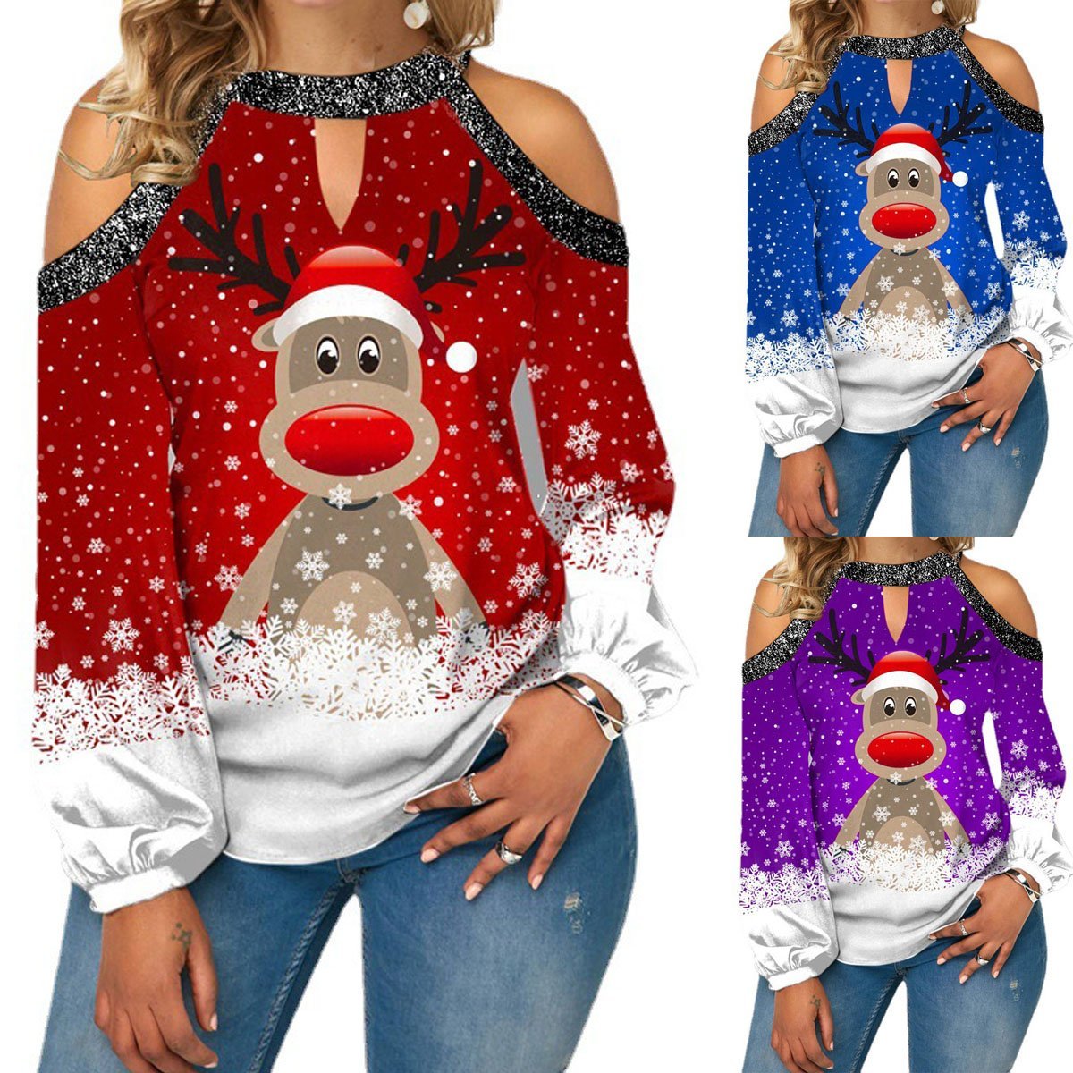 Christmas Women's Clothing Deer Print Sexy Off-shoulder Plus Size Blouse with Lantern Sleeves Sweatshirt