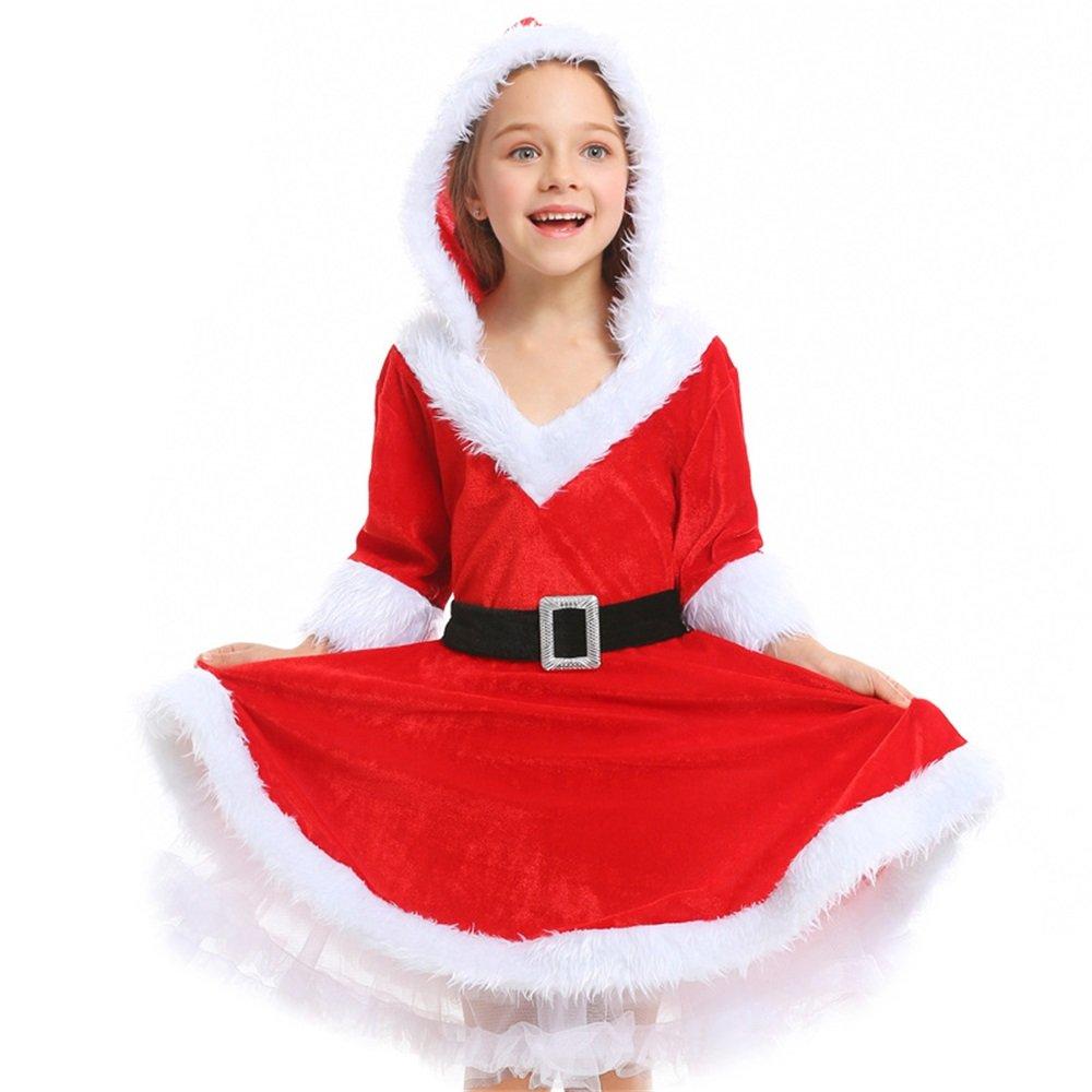 Christmas Costume Cos Red Santa Fluffy Dress Girl