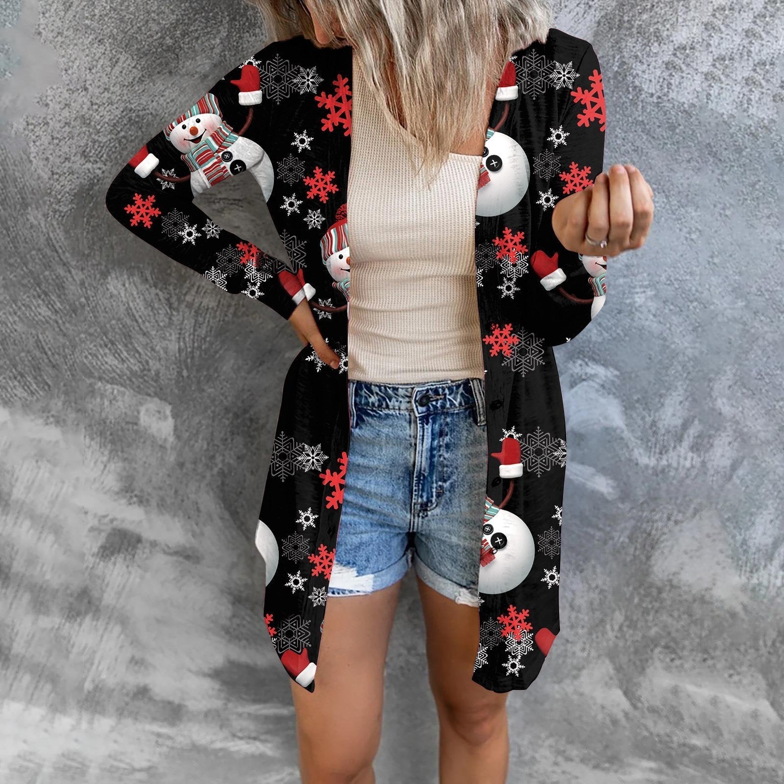 Christmas Print Fashion Button Long-sleeved Button Cardigan Women