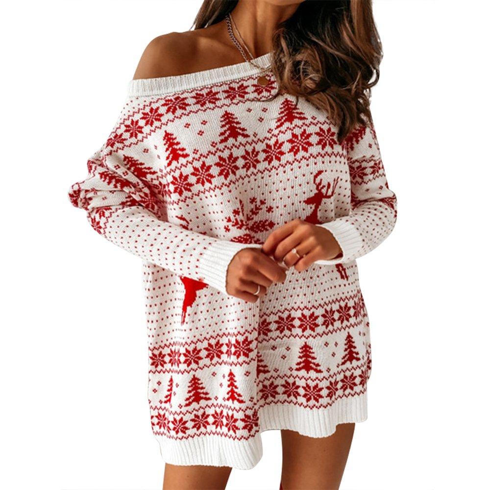 Women Ugly Christmas Dress Jacquard Loose Knit Long Sleeve Dress
