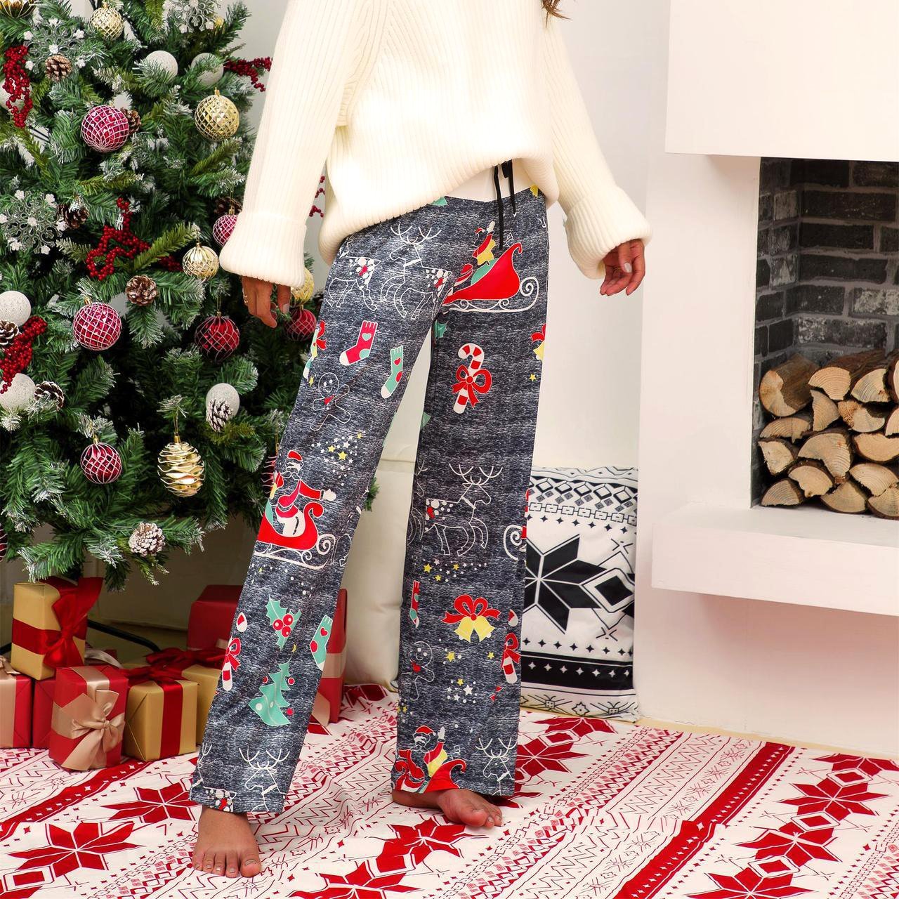Christmas Costumes Women's Casual Print Belted High Waist Wide Leg Pants