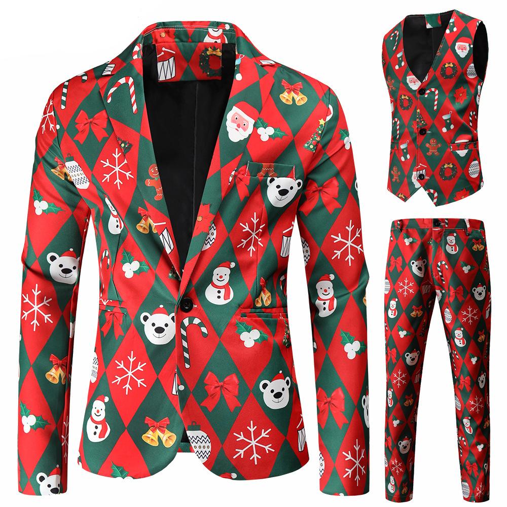 Christmas red men's Blazer suits Santa 3D print trousers with vest