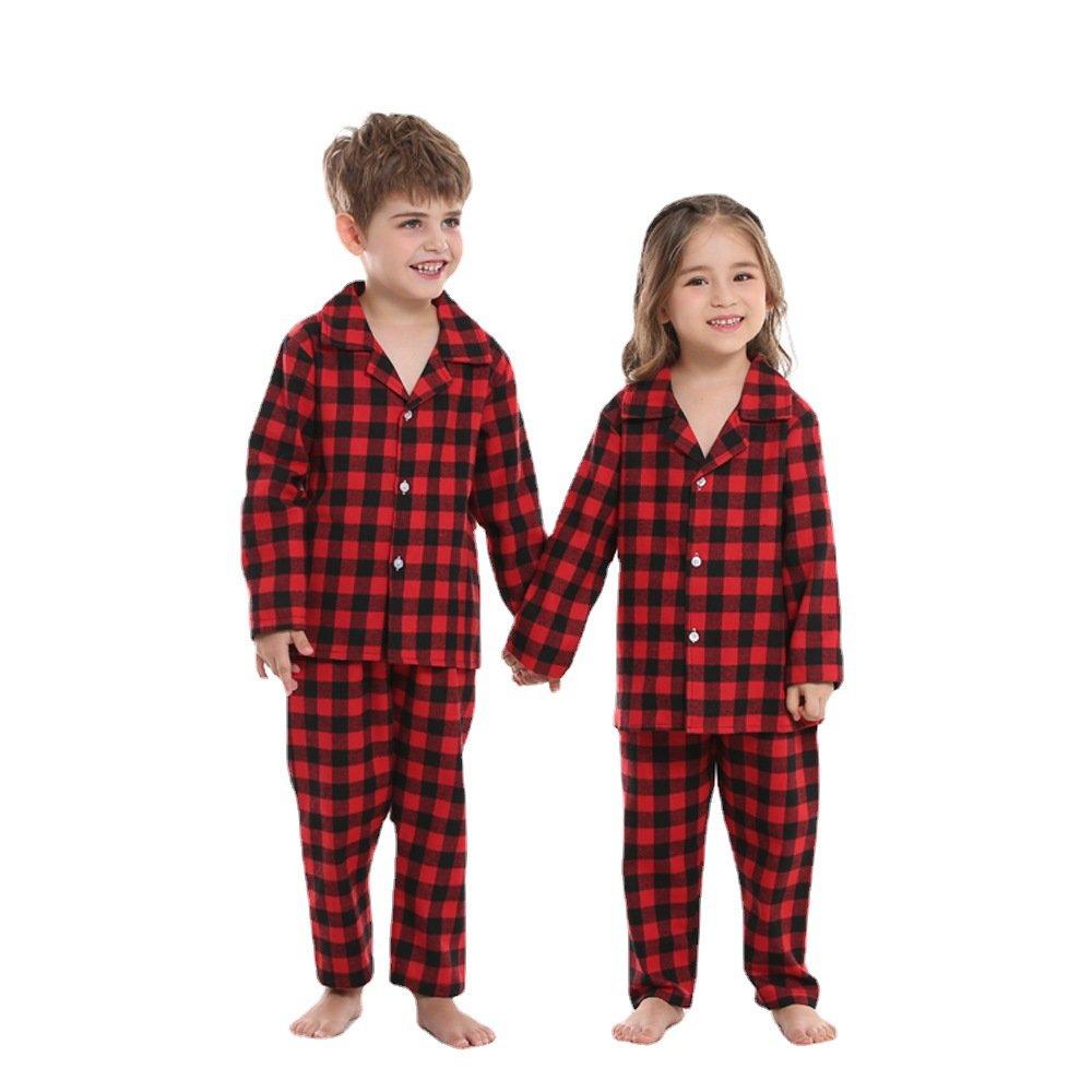 Christmas Two-piece Pajamas Brother Sister Hood Cotton Red and Black Plaid Design