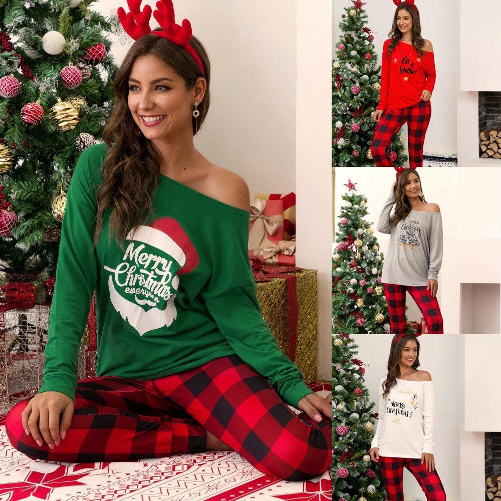 2022 Christmas Pajamas Printed Oblique Shoulder Tops Plaid Pants Casual Suit Women