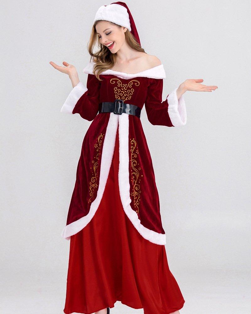 Santa Claus Cosplay Costume Christmas Festive Sexy Red Tube Top Strapless Embroidered Long Skirt Suit