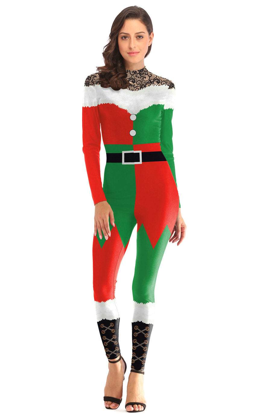 Women Christmas Santa Costume Party Digital Printed Bodysuit Jumpsuit