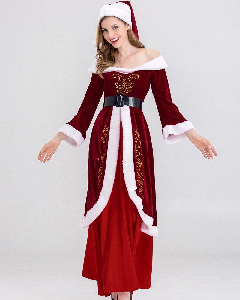 Santa Claus Cosplay Costume Christmas Festive Sexy Red Tube Top Strapless Embroidered Long Skirt Suit