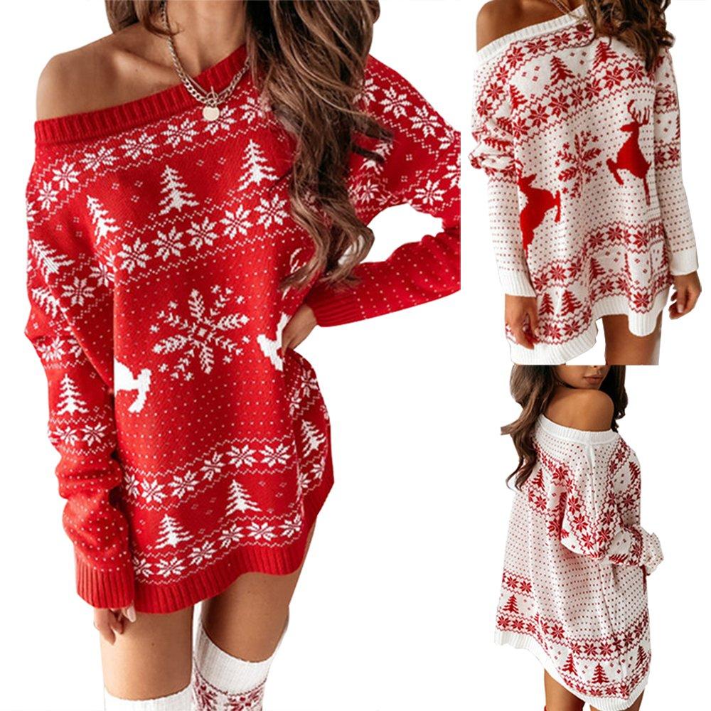 Women Ugly Christmas Dress Jacquard Loose Knit Long Sleeve Dress