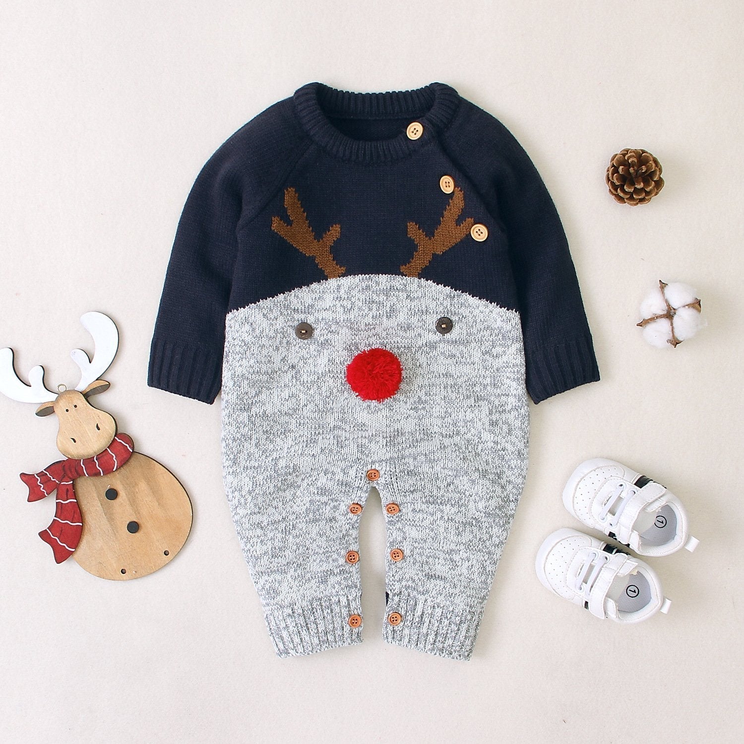 Christmas Outfit Knitted Reindeer Dark Blue Toddler Baby Sweater Jumpsuit