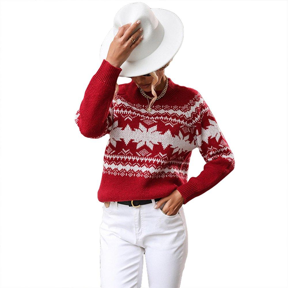 Women Ugly Christmas Sweaters Round Neck Red Knitted Christmas Snowflake Top