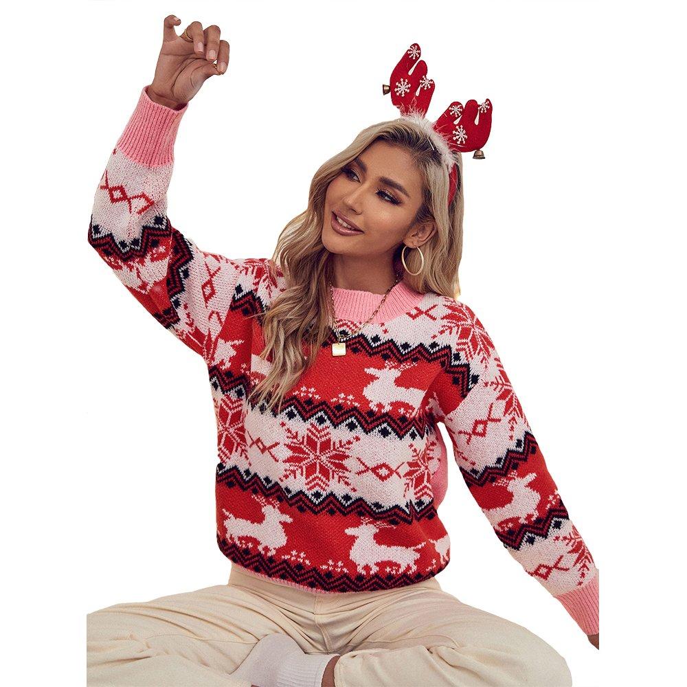 Women Ugly Christmas Sweaters Pink Round Neck Pullover Print Street Hipster Tops