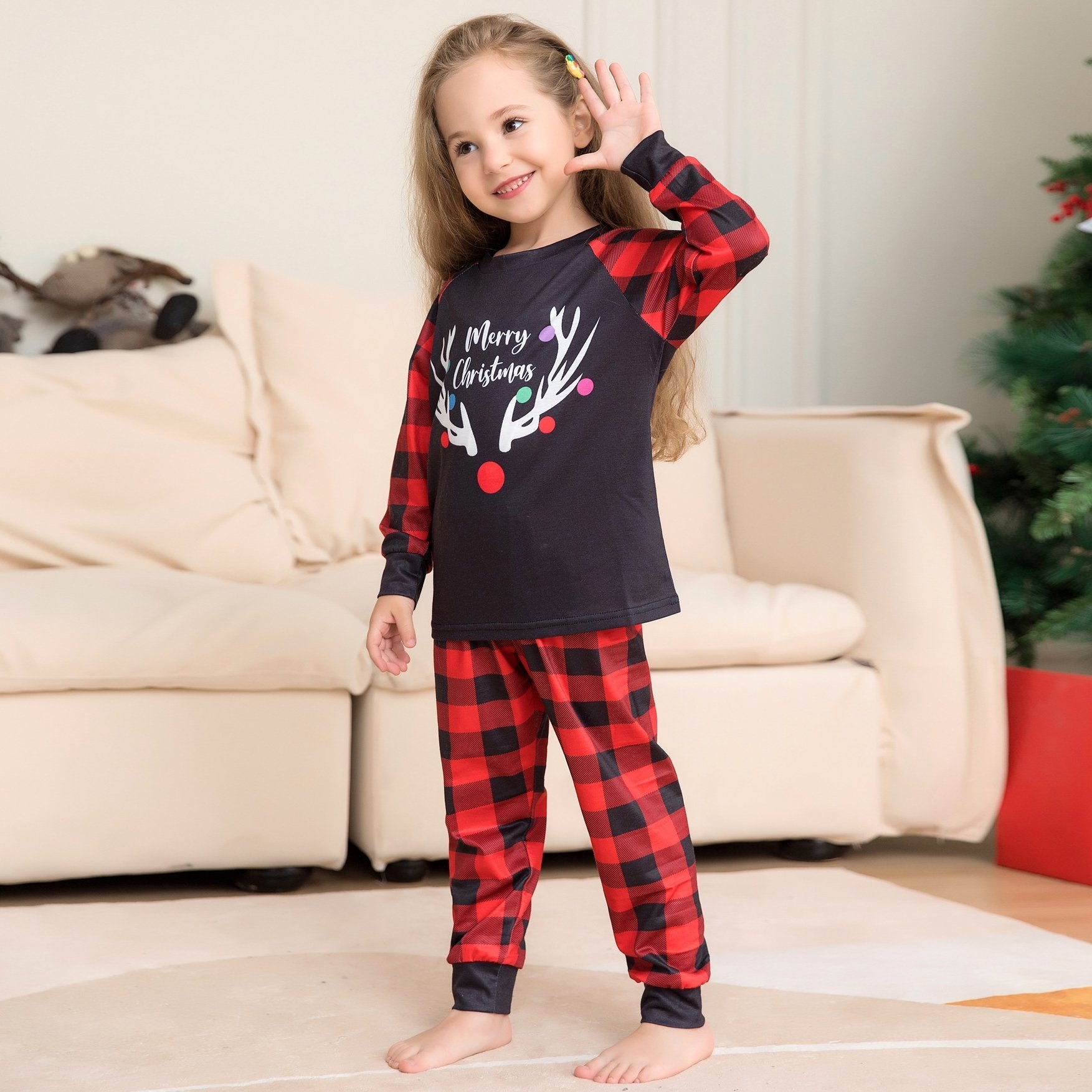 Christmas Deer Antler Print Plaid Family Couples Matching Pajamas Party Set - ciclove