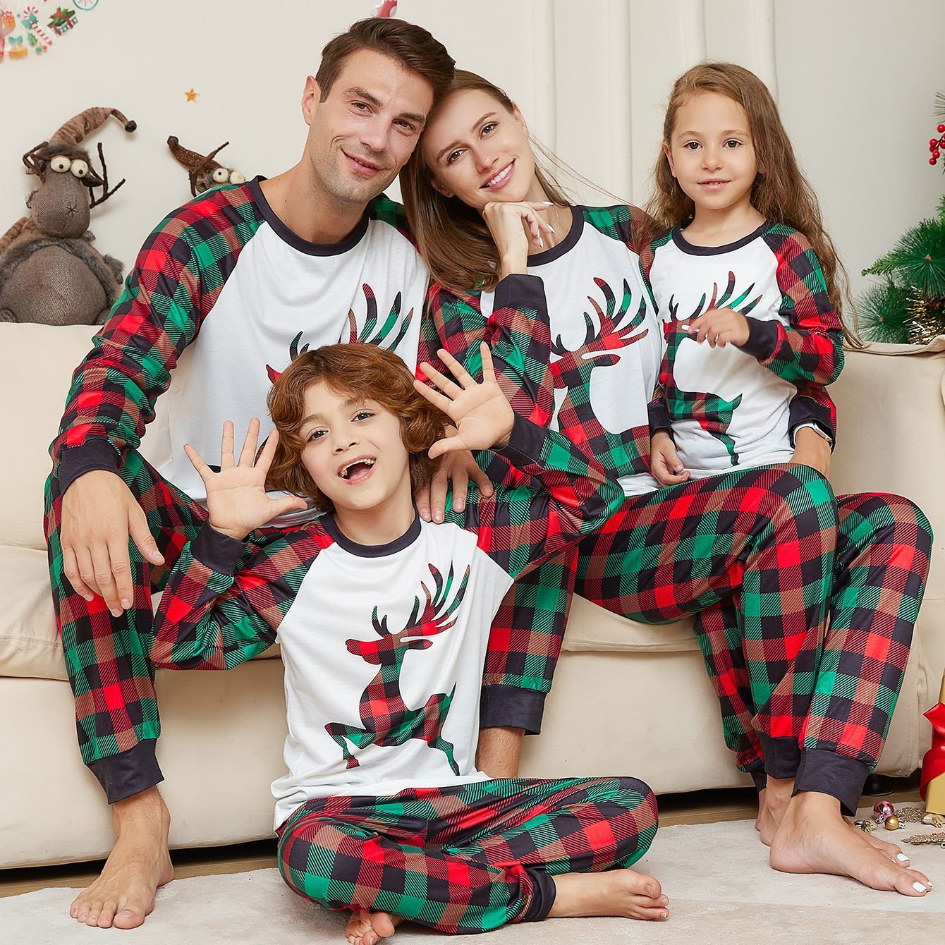 Elk Plaid Print Christmas Family Couples Matching Pajamas Party Sets - ciclove