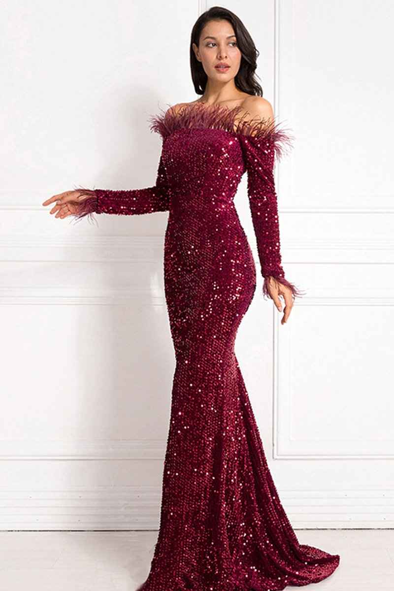 Elegant 1920s Costume Sequin Mermaid Dress with Feather Trim