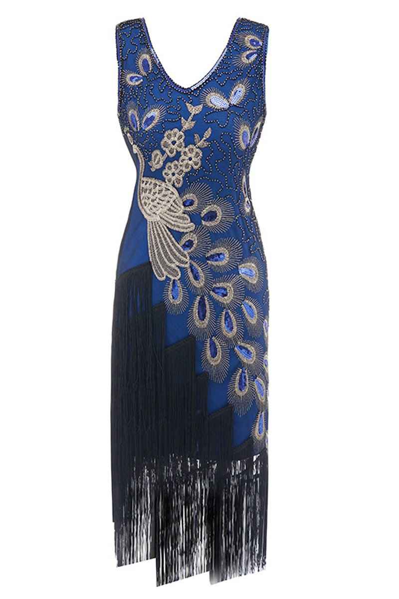 1920s Costume Elegant Vintage Peacock Tassel Hem Dress