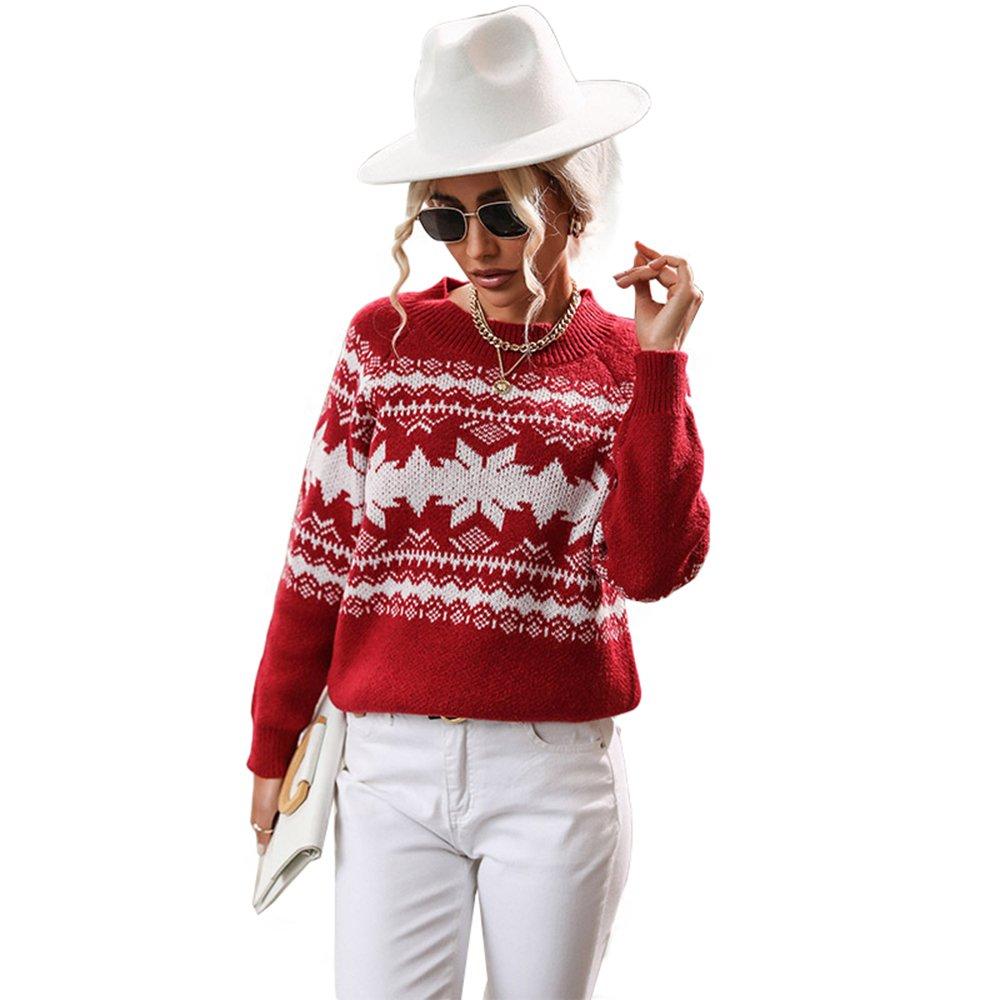 Women Ugly Christmas Sweaters Round Neck Red Knitted Christmas Snowflake Top