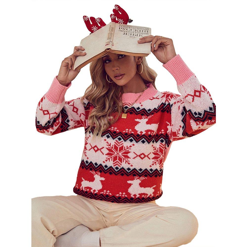 Women Ugly Christmas Sweaters Pink Round Neck Pullover Print Street Hipster Tops